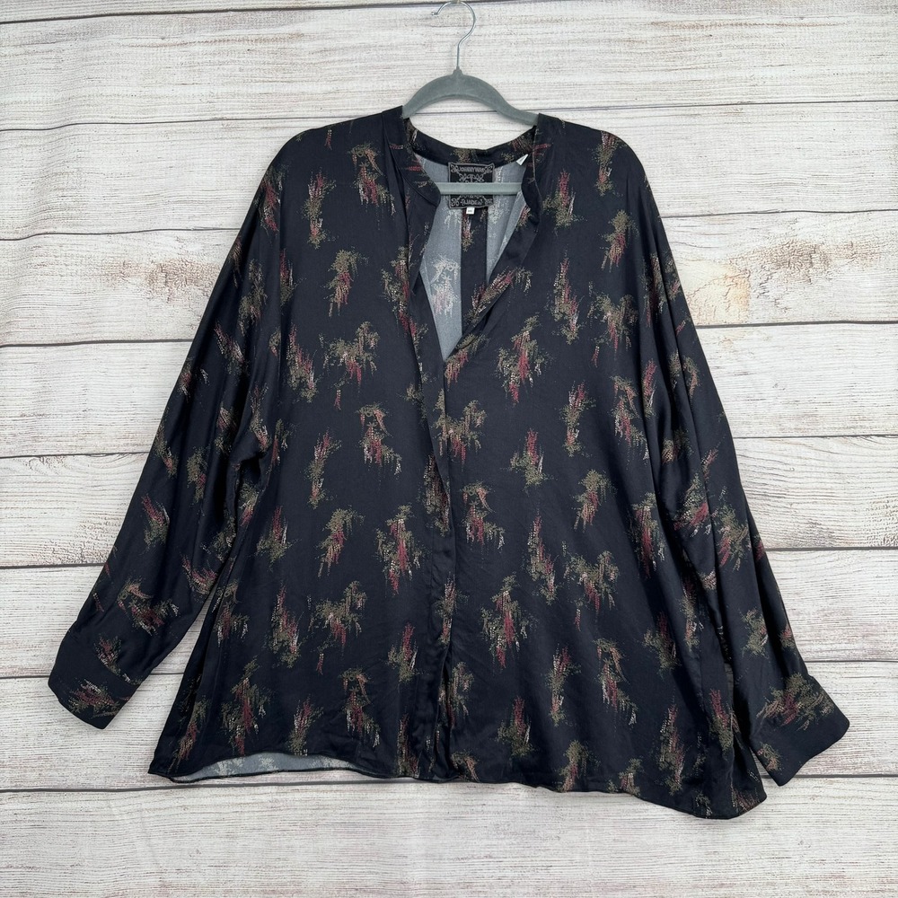 Johnny Was Jade Button Down Blouse Women XXL Black Silk Floral Long Sleeve